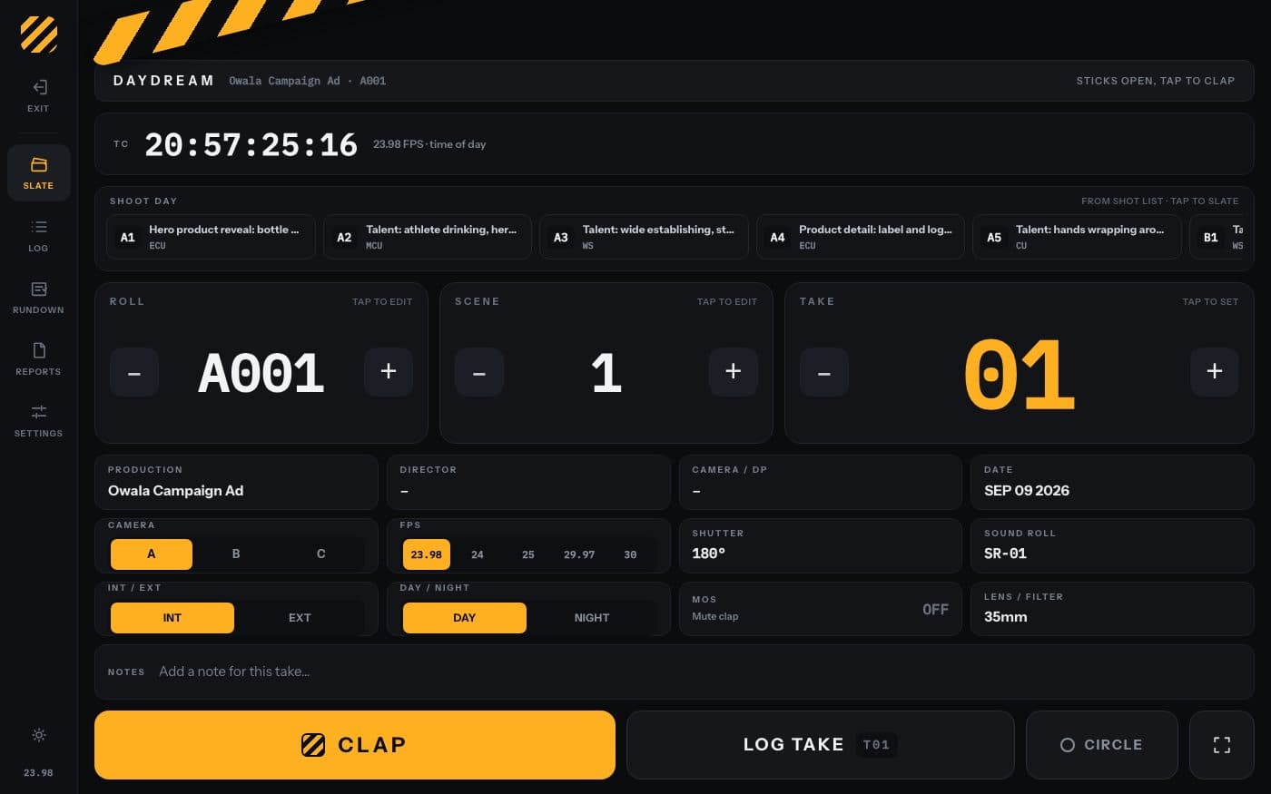 Production Mode: the digital slate with the sample project's shot list loaded